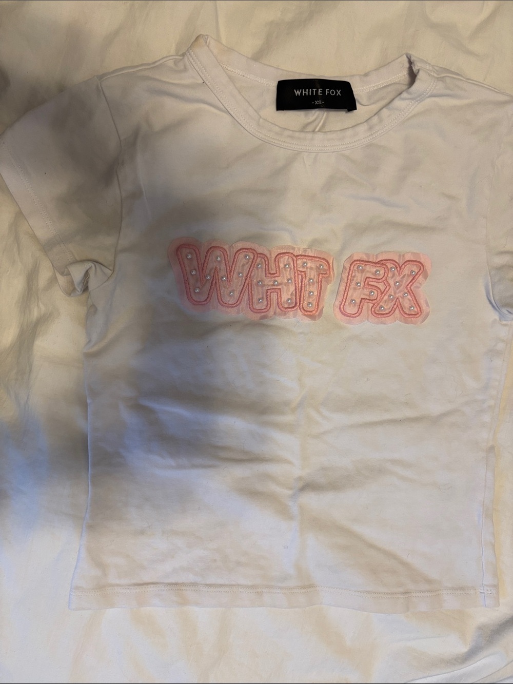 White Fox Boutique White Short Sleeve Tee with Pink Embroidered Logo